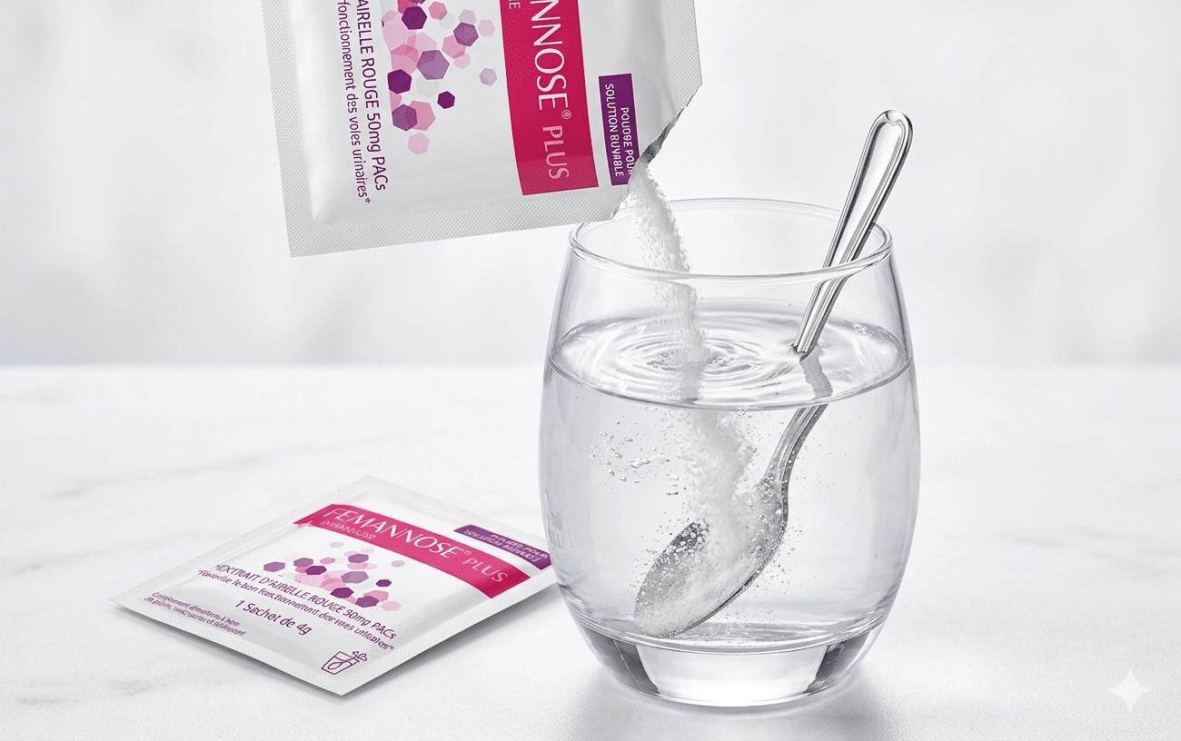Sachet de Femannose®PLUS dilué dans un verre d'eau